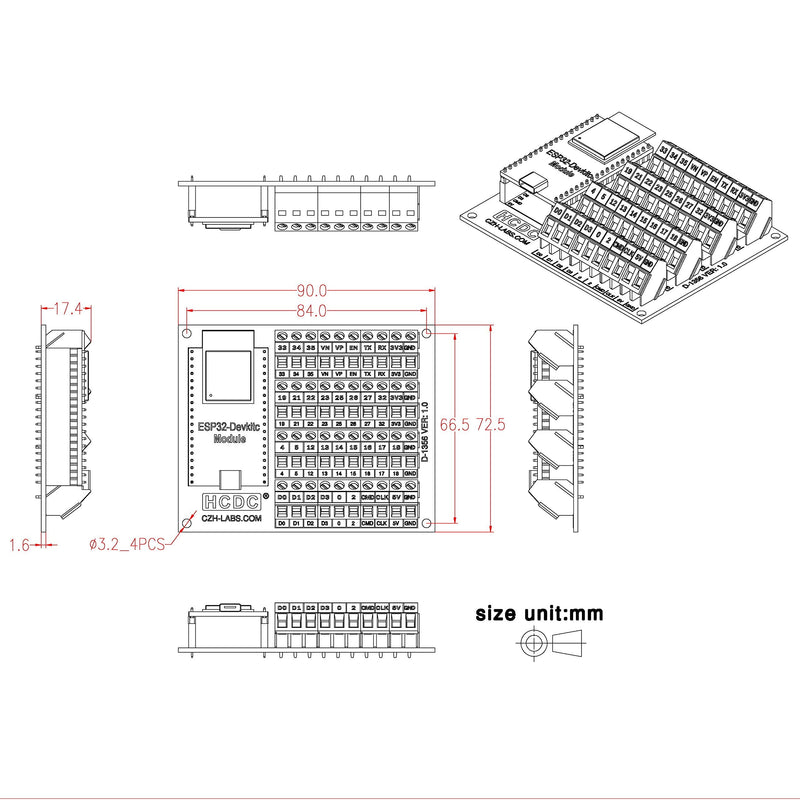 Screw Terminal Block Breakout Module Board for ESP32-DevKitC
