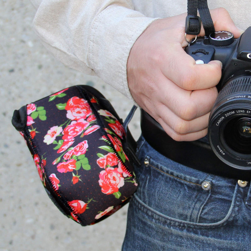USA GEAR DSLR Camera Sleeve Case (Floral) with Neoprene Protection, Holster Belt Loop and Accessory Storage - Compatible with Nikon D3100, Canon EOS Rebel SL2, Pentax K-70 and Many More Floral