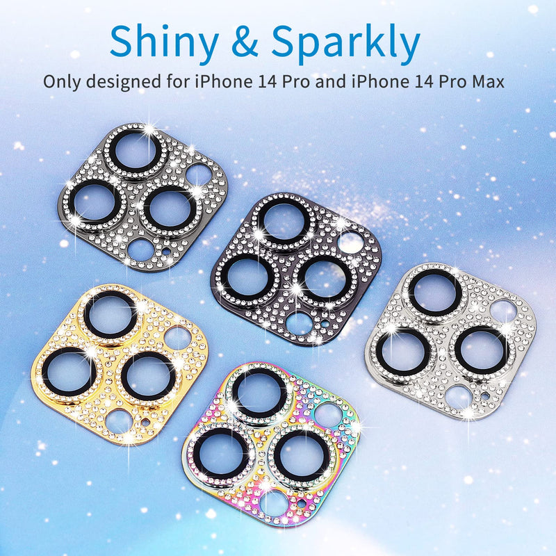 Hsefo for iPhone 14 Pro & iPhone 14 Pro Max Camera Lens Protector, Bling Lens Cover 3D Rhinestone Diamond 9H Tempered Glass Camera Cover Anti Scratch Shockproof Metal Lens Screen Full Protective Cover, Colorful Multi-coloured