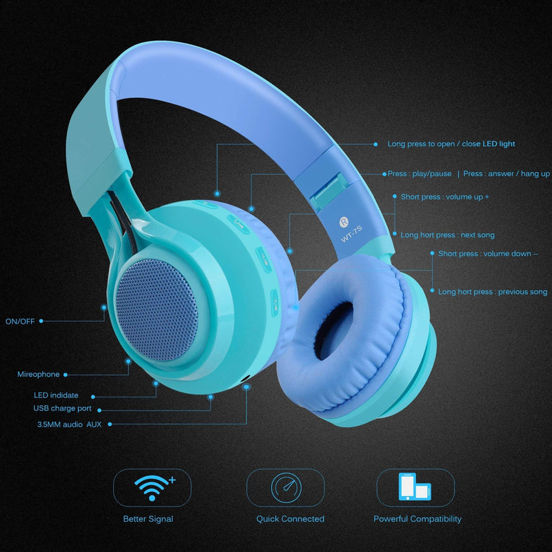 2 Packs Riwbox WT-7S Kids Headphones Wireless, Foldable Stereo Bluetooth Headset with Mic Compatible with PC/Laptop/Tablet/iPad Pink&Blue