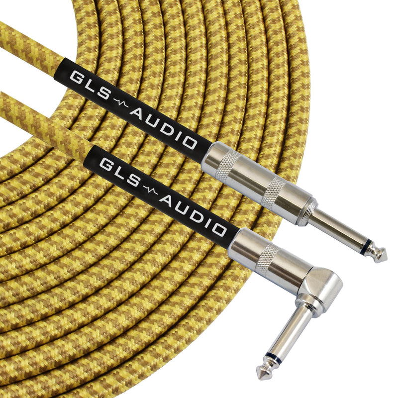 [AUSTRALIA] - GLS Audio 15 Foot Guitar Instrument Cable - Right Angle 1/4-Inch TS to Straight 1/4-Inch TS 15 FT Brown Yellow Tweed Cloth Jacket - 15 Feet Pro Cord 15' Phono 6.3mm - Single 