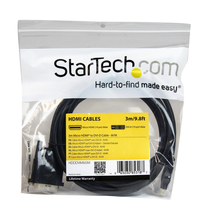 StarTech.com 3m Micro HDMI to DVI-D Cable - M/M - 3 meter Micro HDMI to DVI Cable - 19 pin HDMI (D) Male to DVI-D Male - 1920x1200 Video (HDDDVIMM3M), Black, 10 ft / 3m