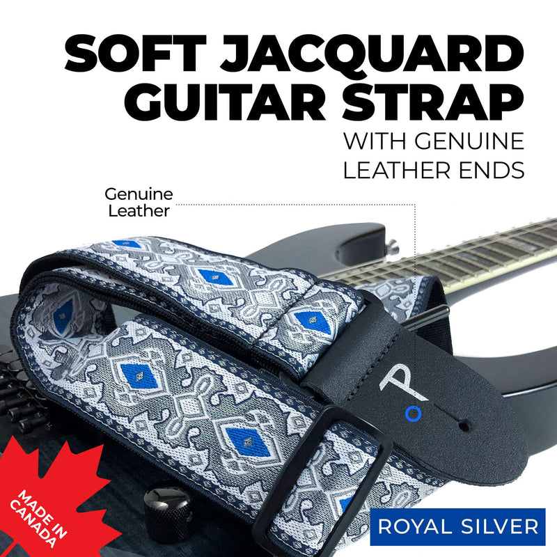 Perri’s Leathers Ltd. - Guitar Strap - Nylon - Jacquard - Adjustable - for Acoustic/Bass/Electric Guitars - Made in Canada Royal Silver