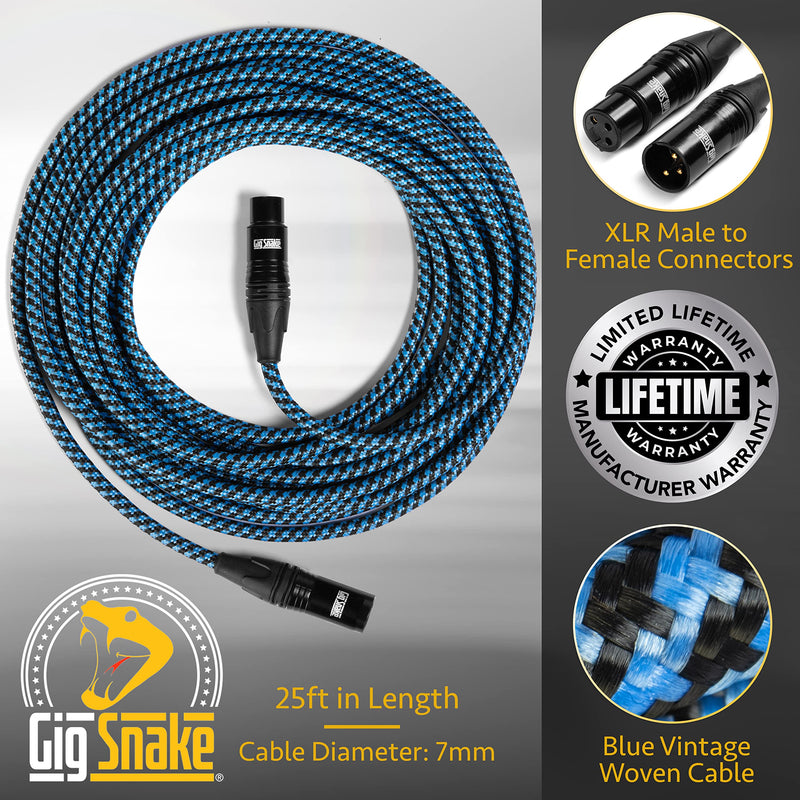 [AUSTRALIA] - Gig Snake Microphone Cable 25 ft - Blue XLR Male to Female Mic Cable - Professional Studio Quality Microphone Cord and XLR Patch Lead - Reliable Dynamic Low Noise Braided Microphone Wire 25FT 