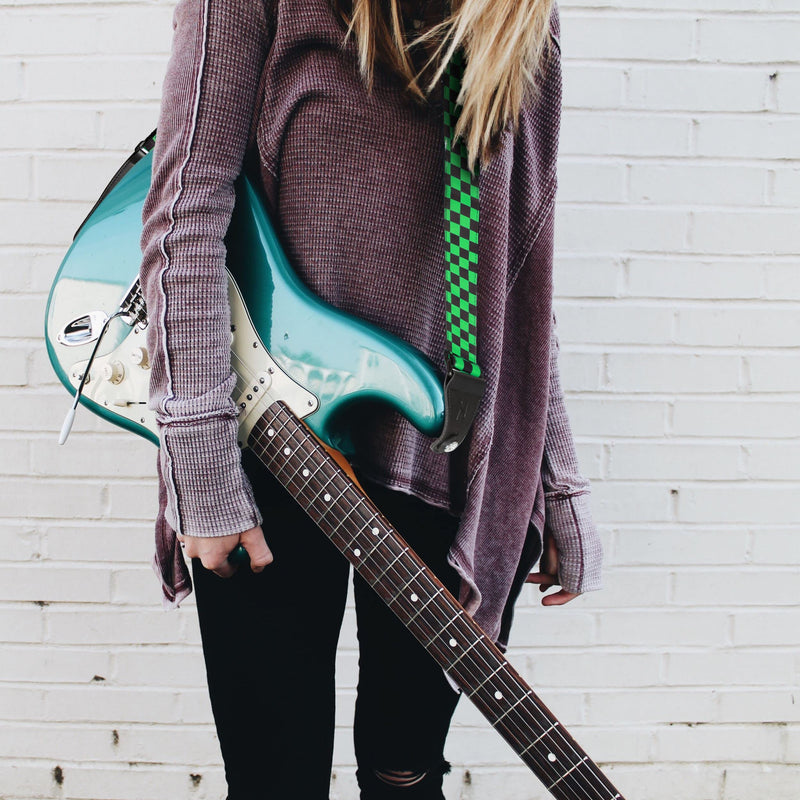 [AUSTRALIA] - Guitar Strap,Personalised Cotton Double Layer Cotton Guitar Straps with Longer Leather Ends for Bass, Electric & Acoustic, Best Gifts for Kids, Men & Women Guitarists (Green Grid) Green Grid 