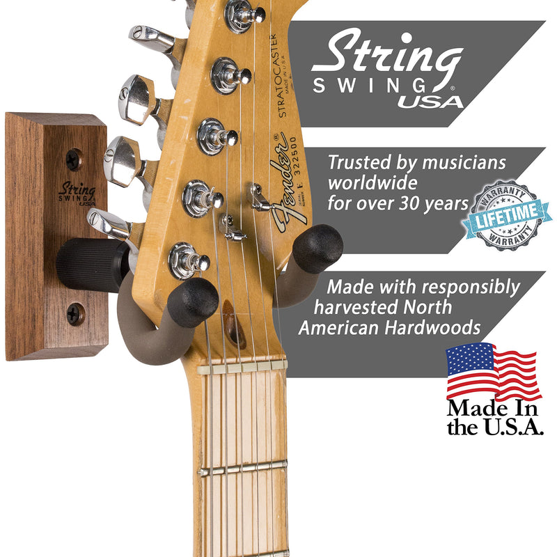 String Swing Guitar Hanger - Holder for Electric Acoustic and Bass Guitars - Stand Accessories Home or Studio Wall - Musical Instruments Safe without Hard Cases - Black Walnut Hardwood CC01K-BW 2-Pack