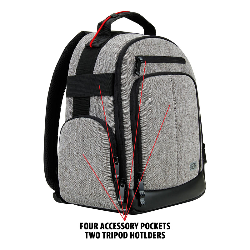 USA GEAR Portable Camera Backpack for DSLR (Gray) with Customizable Accessory Dividers, Weather Resistant Bottom and Comfortable Back Support - Compatible with Canon, Nikon and More Grey and Black