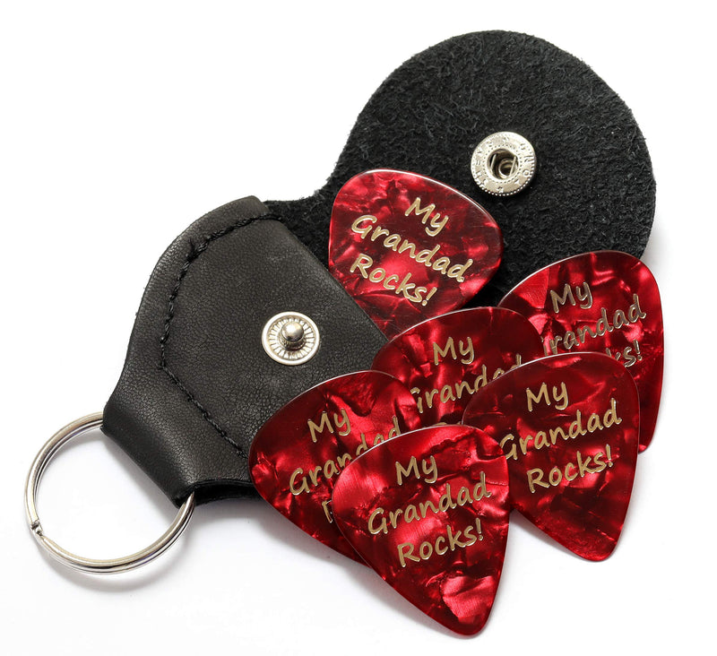 My Grandad Rocks Red Guitar Picks With Leather Plectrum Holder Keyring