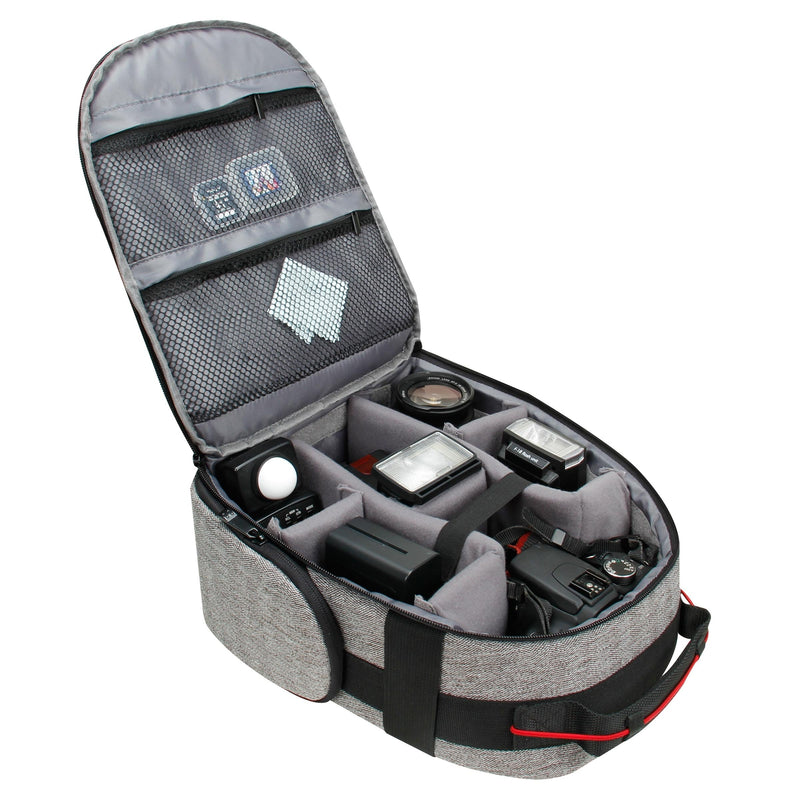 USA GEAR Portable Camera Backpack for DSLR (Gray) with Customizable Accessory Dividers, Weather Resistant Bottom and Comfortable Back Support - Compatible with Canon, Nikon and More Grey and Black