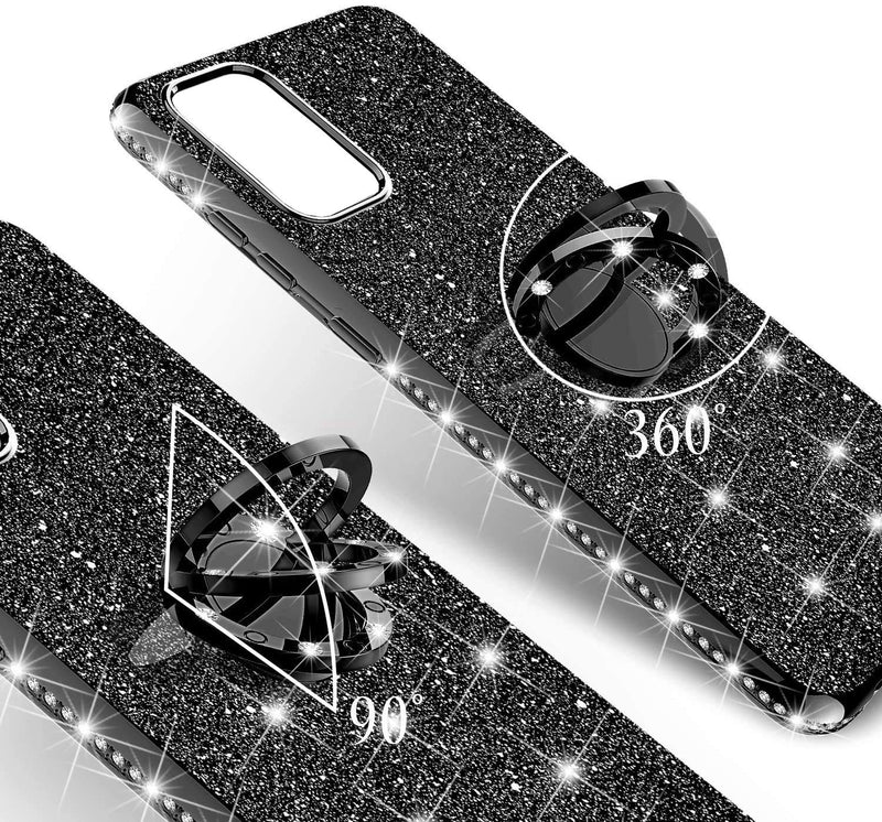 Samsung Galaxy Note 20 Ultra Phone Case,Glitter Sparkle Bling Case Shiny Crystal Rhinestone Diamond 360 Degree Ring Grip Magnetic Bracket Phone Cover for Samsung Galaxy Note 20 Ultra HH Black