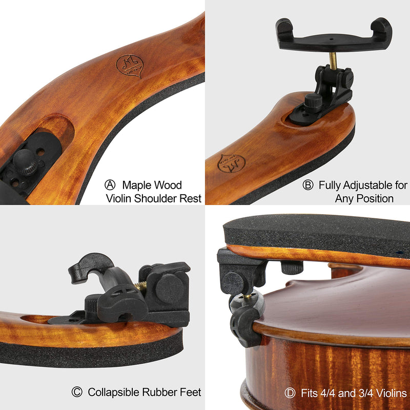 MI&VI Violin Shoulder Rest - Real Maple Wood, Round, Collapsible, Adjustable, Excellent Support Grip (Violin 4/4-3/4& Viola 14"-13") Violin 4/4 - 3/4