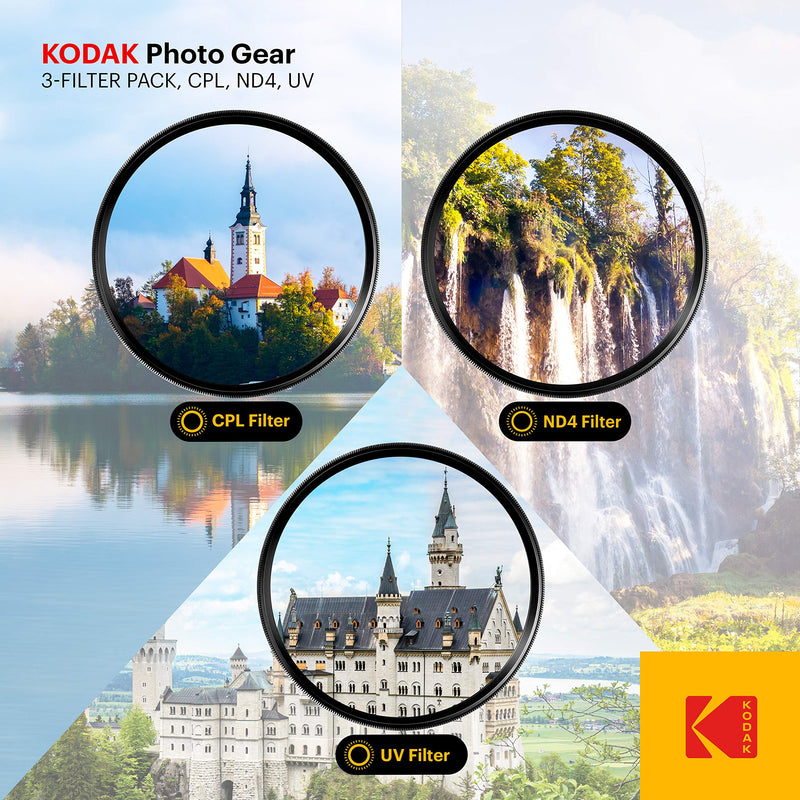KODAK 58mm Filter Set Pack of 3 Premium UV, CPL & ND4 Filters for Various Photo-Enhancing Effects, Absorb Atmospheric Haze, Reduce Glare & Prevent Overexposure, Slim, Multi-Coated Glass & Mini Guide