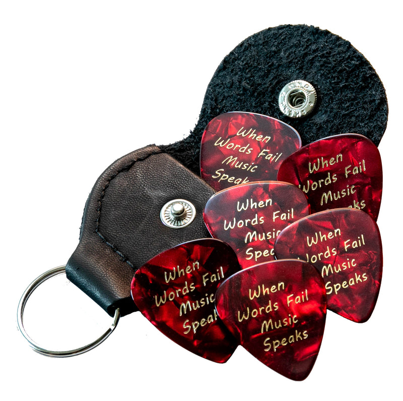 When Words Fail Music Speaks 6 Guitar Picks With Leather Plectrum Holder Keyring