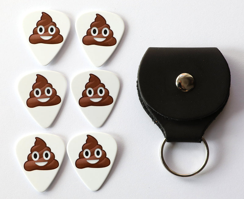 6 Poop Emoticon Guitar Picks With Leather Plectrum Holder Keyring