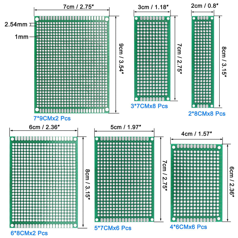 [AUSTRALIA] - uxcell Double-Sided PCB Board Printed Circuit Boards Kit (6 Sizes - 4x6 5x7 3x7 6x8 2/8 7x9) Prototyping Board for DIY Soldering Electronic Projects Practice Test Circuit 32pcs 