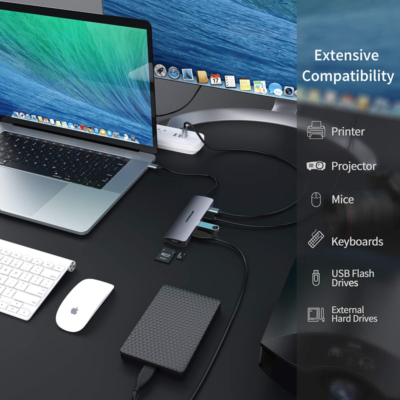 USB C Hub, WIMUUE 7 in 1 Aluminum Adapter Compatible with MacBook Pro/Air Thunderbolt 3 Multiport Dock for USB Type C Laptop with 2 USB 3.0 Ports, 100W Power Delivery, 4K HDMI, MicroSD, SD Card Reader