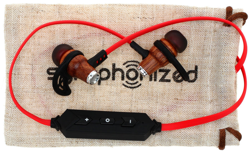 Symphonized NRG Bluetooth Wireless Wood in-Ear Noise-isolating Headphones, Earbuds, Earphones with Mic & Volume Control (Red) Red