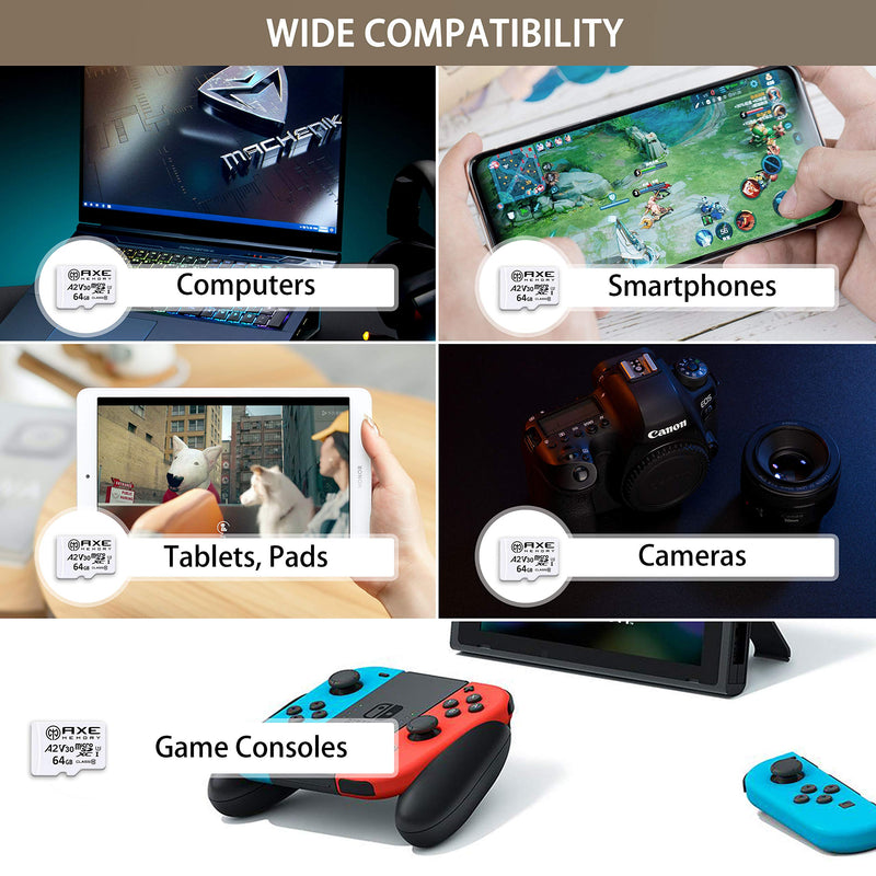 AXE MEMORY 64GB microSDXC Memory Card + SD Adapter with A2 App Performance, V30 UHS-I U3 4K White - A2 Premium Speed 64 GB