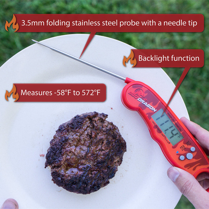 Instant Read Meat Thermometer with Folding Stainless Steel Temperature Probe - Waterproof Grilling Thermometer and Baking Thermometer - Instant Read Food Thermometer w/ Flames Design from BBQ Dragon