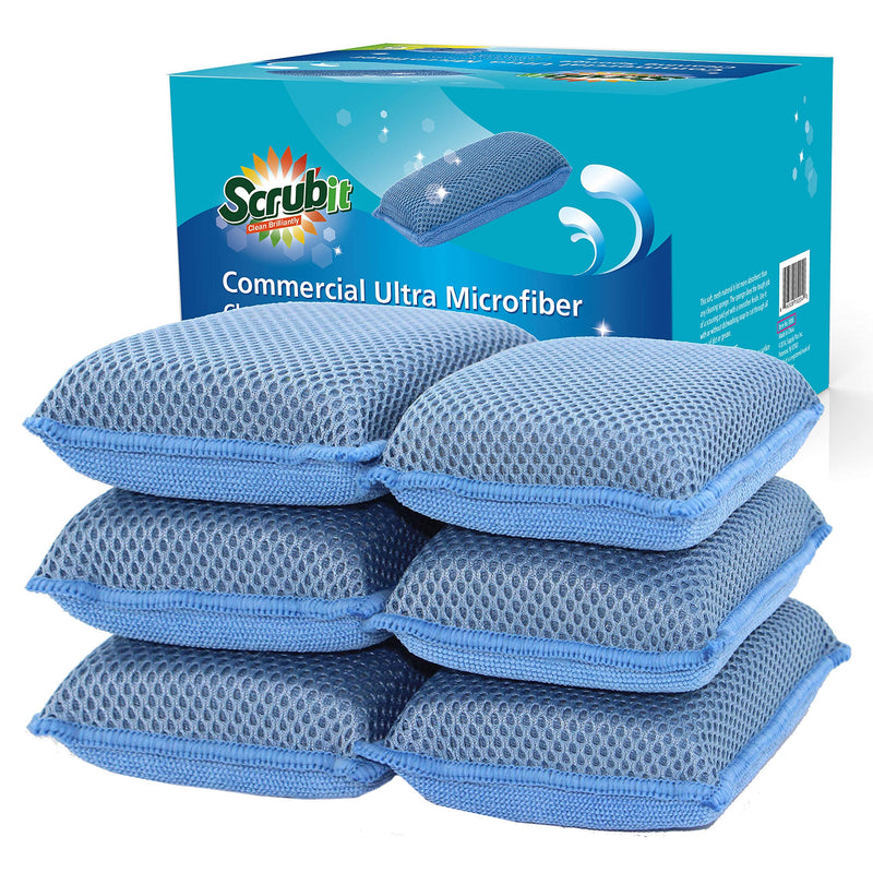 Miracle Microfiber Kitchen Sponge by Scrub-It (6 Pack) - Non-Scratch Heavy Duty Dishwashing Cleaning sponges- Machine Washable - (Blue) Blue