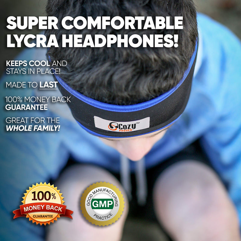 CozyPhones Over the Ear Headband Headphones - Sleep Headphones & Travel Bag, Headband Earphones with Lycra Cool Mesh Lining and Thin Speakers - Black