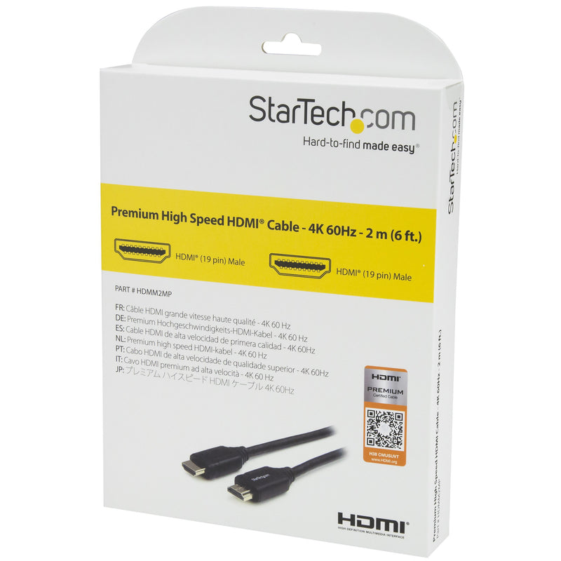 StarTech.com Premium Certified High Speed HDMI 2.0 Cable with Ethernet - 6 ft 2m- Ultra HD 4K 60Hz - 6 feet HDMI Male to Male Cord - 30 AWG (HDMM2MP)