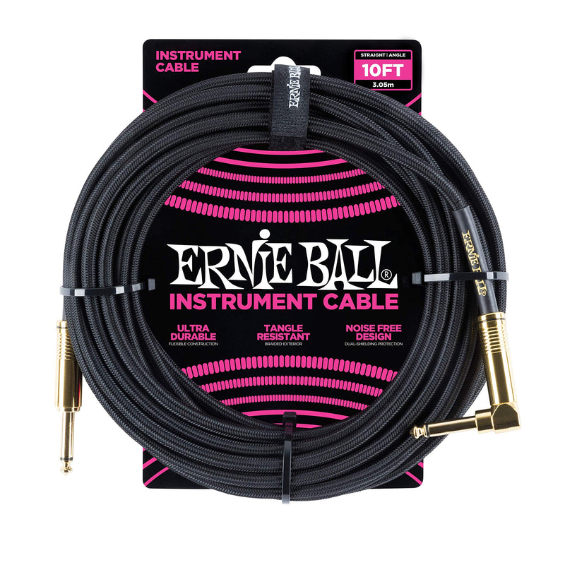 Ernie Ball Braided Instrument Cable, Straight/Angle, 10ft, Black (P06081) 10 feet