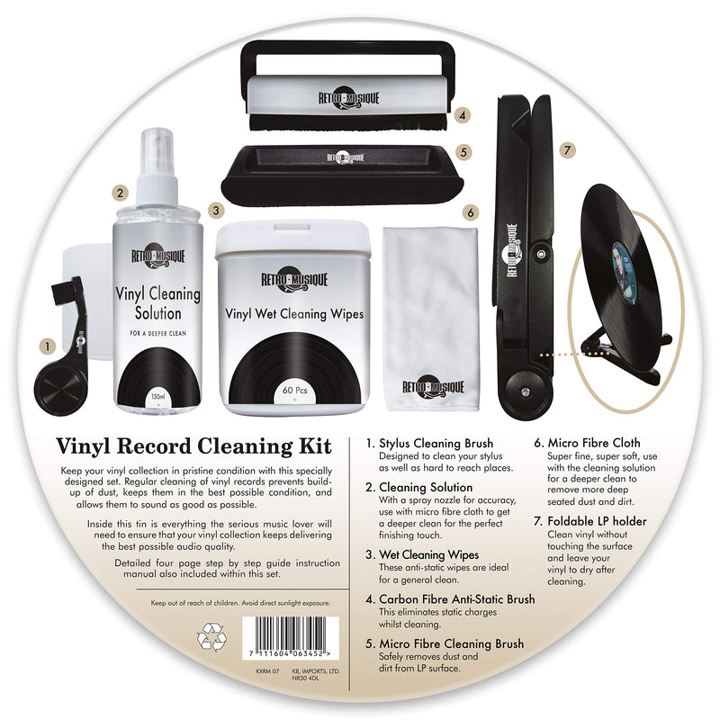 Retro Musique Complete Vinyl Record Cleaning Kit, Housed in a Retro Metal Tin. Includes Everything You Could Possibly need! Stylus Brush, Carbon Fibre Anti Static Brush, Micro Fibre Brush and more Retro Musique Cleaning Kit