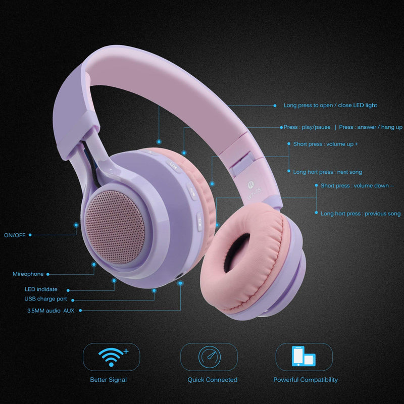 [AUSTRALIA] - 2 Packs Riwbox WT-7S Kids Headphones Wireless, Foldable Stereo Bluetooth Headset with Mic Compatible with PC/Laptop/Tablet/iPad Purple&Pink 