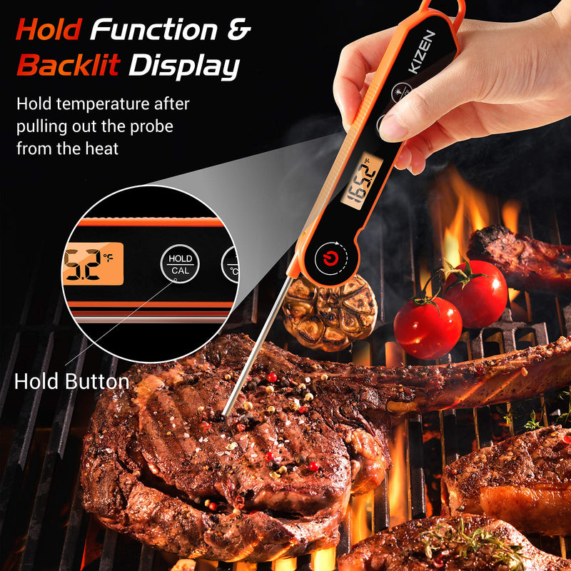 Kizen Digital Meat Thermometers for Cooking - Waterproof Instant Read Food Thermometer for Meat, Deep Frying, Baking, Outdoor Cooking, Grilling, & BBQ (Orange/Black)