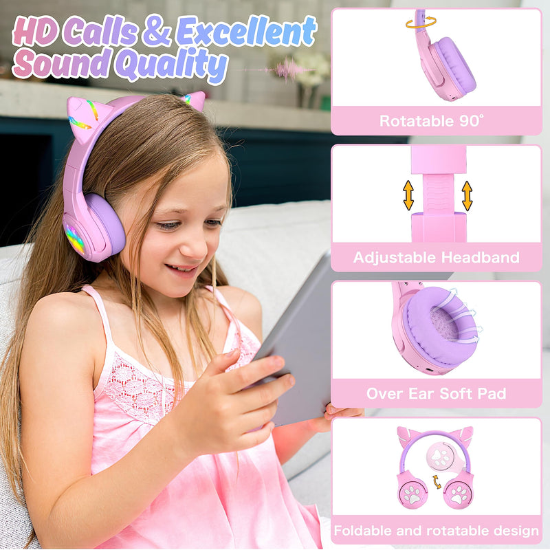 Riwbox CF9 Cat Ear Kids Bluetooth Headphones with LED Light Up,Safe 85dB Volume Limit,Built-in Mic&Boom Mic for Calls,Kids Wireless&Wired Headphones for Girls/Toddler/Online Learning/School (Purple) Pink Purple