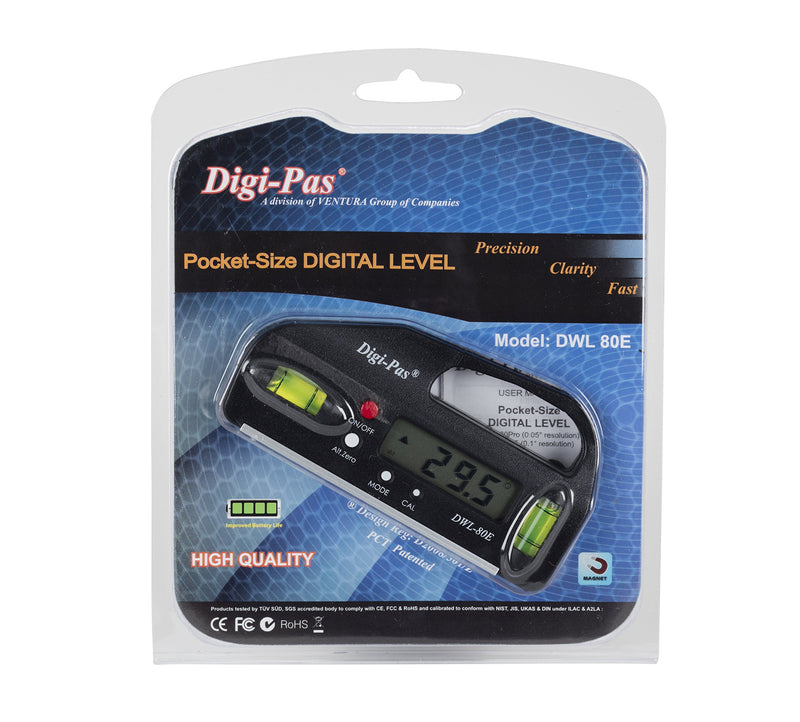 DigiPas DWL80E Pocket Size Digital Level, Electronic Angle Gauge, Protractor, Angle Finder, Bevel Gauge, 0.1°, 4 inch 1-(Pack)