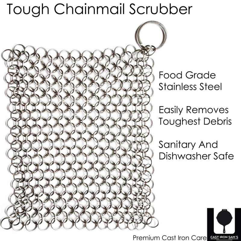 Cast Iron Sam’s Cast Iron Skillet Cleaning Kit- Chainmail Scrubber and All Natural Gentle Wooden Scrub Brush. Easily Clean While Protecting Your Cast Iron Seasoning. 1