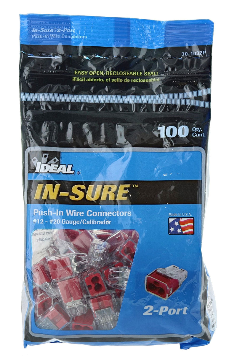 Ideal In-Sure 30-1032P 32 Red Non-Twist 2 Port Connector for Solid, Stranded, and Tin Bonded Wire (100 Pack)