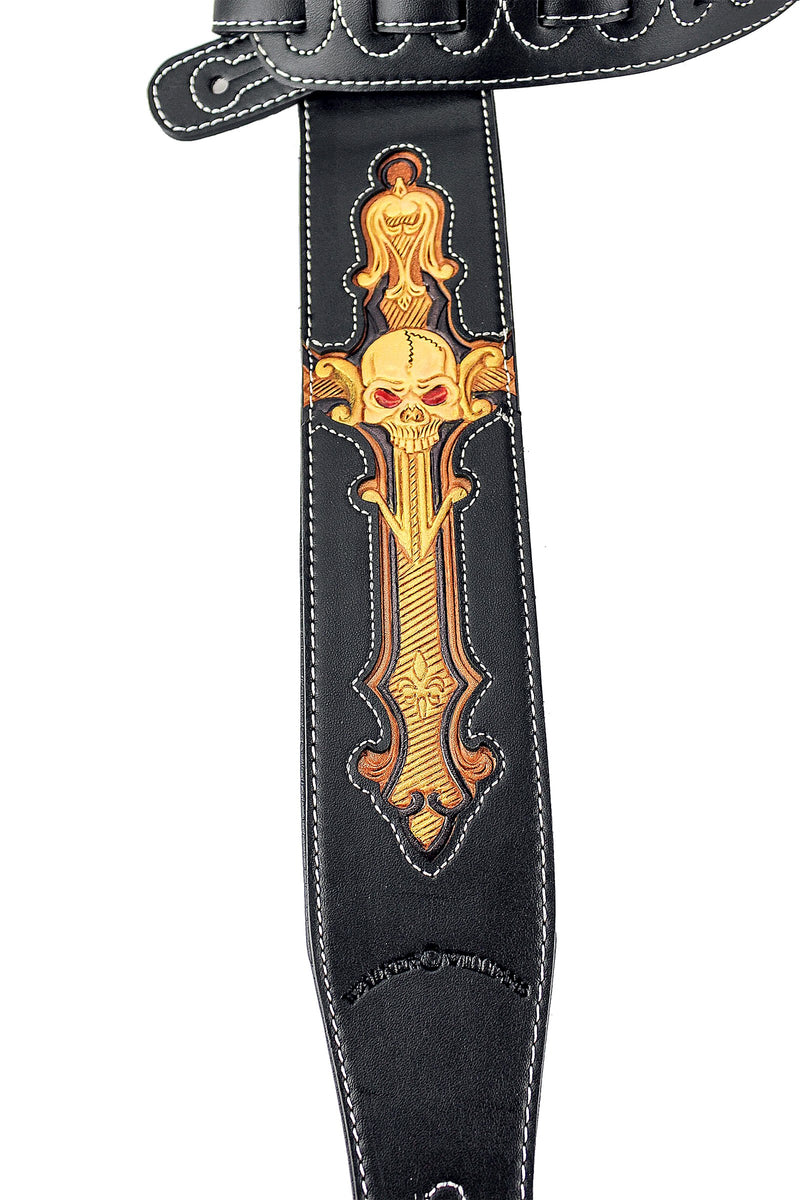 Walker & Williams CVG-24 Black & Gold Guitar Strap Hand Tooled Skull Design