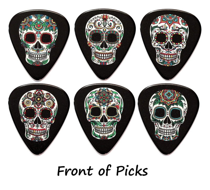 6 Black Sugar Skull Guitar Picks With Leather Keyring Plectrum Holder