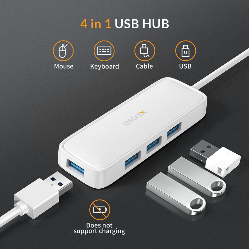 iDsonix USB Hub, Ultra-Slim 4-Port USB 3.0 Hub 5Gbps Data Transfer USB-A Hub with 3ft Extended Cable for Laptop, MacBook, Mac Pro, iMac, Surface Pro, XPS, PC, Flash Drive, Mobile HDD, Keyboard, ect 1m White