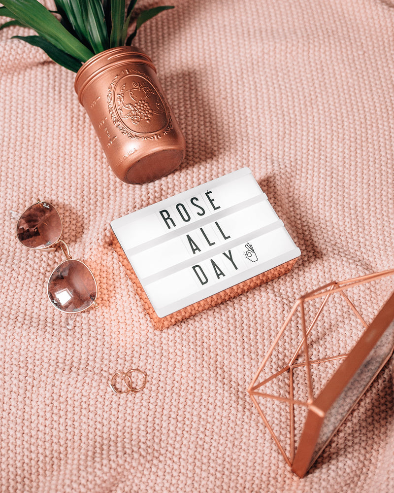 My Cinema Lightbox Rose Gold Light Box, Micro LED Marquee with 100 Letters, Numbers and Emojis, DIY Mini Sign, A6 Size 4x6 inches, Metallic Rose Gold Finish With Matching Braided Rose Gold USB Cable