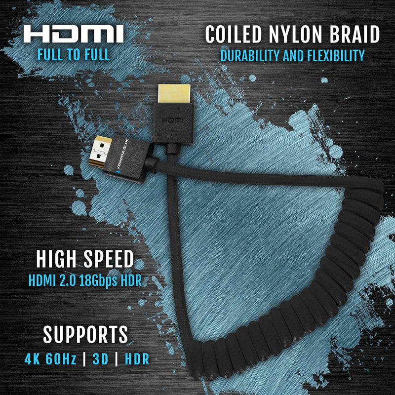 KONDOR BLUE Full HDMI Thin Short Coiled Nylon Braided Cable for On-Camera Film Cinema Monitors | 2.0 High Speed 4K 3D HDR | | 3840 x 2160-60Hz | 18Gbps MetaData | 12-24" | Black 12"-24" Coiled Braided Coiled Braided | Full HDMI