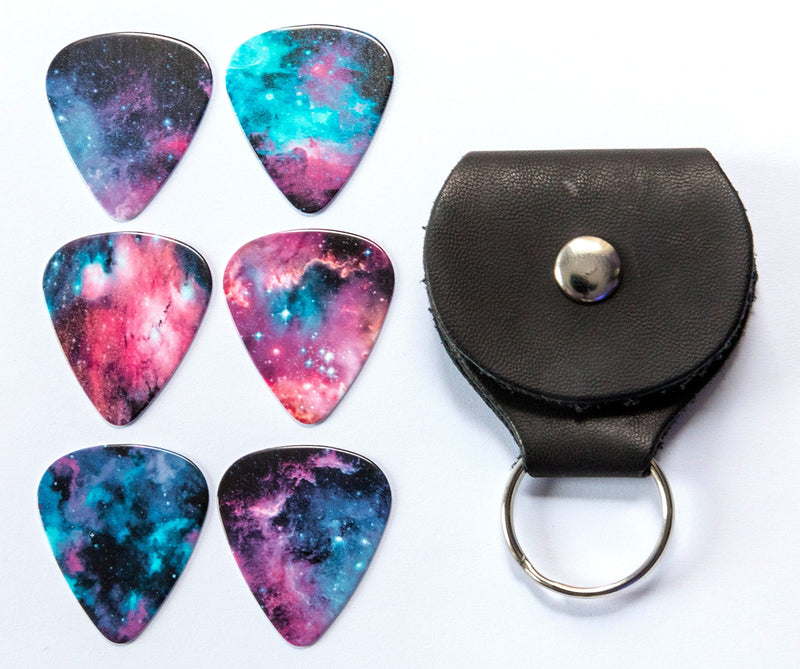 Galaxy Guitar Picks With Leather Plectrum Holder Keyring 6 Double Sided Picks