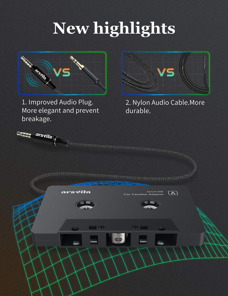 [AUSTRALIA] - arsvita Car Audio Cassette to Aux Adapter with Upgrade 3.5 MM Aux Plug, Auxiliary Nylon Cable Tape Adapter, Black 