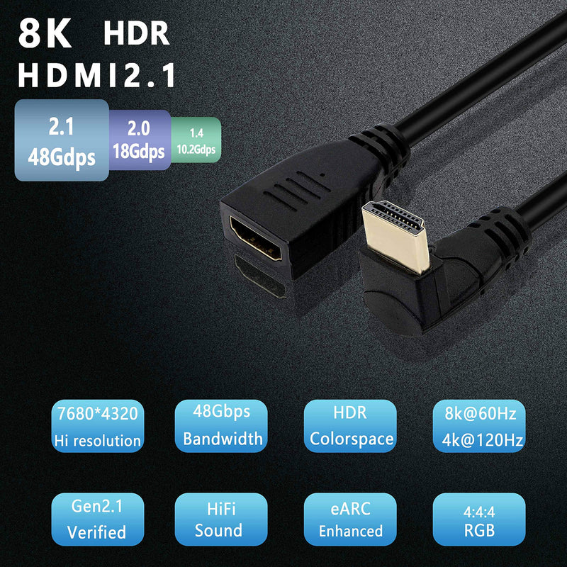 8K 90 Degree HDMI Cable,Gelrhonr Ultra High Speed 48Gbps Down Angled HDMI 2.1 Extension Cable Support 8K@60HZ 4K@120HZ HDCP 3D，Compatible with UHD TV, Blu-ray, PS3/4（0.6M） (Down Male/Female) Down Male/Female