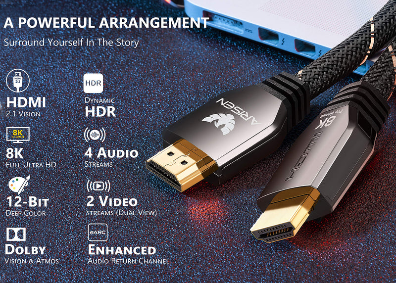 Short HDMI Cable 2.1, Ultra High Speed 48Gbps 8K HDMI Cable Heavy Duty Braided HDMI Cord 4K@120 8K@60HZ eARC HDR10 HDCP 2.2 Compatible with RTX 3080 3090 PS5 PS4 Xbox Series X UHD TV Laptop Projector 2ft / 0.6m