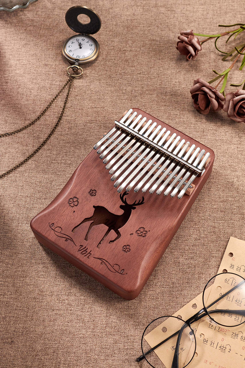 Kalimba Thumb Piano 17 Keys Portable Beginner Piano of Mahogany Wood Kalimba and Professional Finger Piano Gifts for Kids or Adult with Tune Hammer and Study Instruction Coffee sika deer