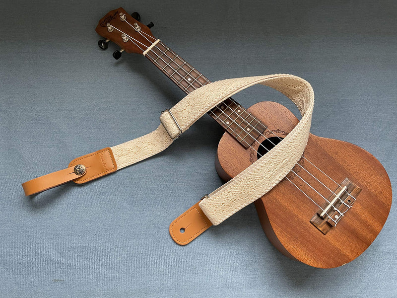 MUSIC FIRST Original Design Cream Graceful & Vintage"Lace" Soft Lace & Genuine Leather Ukulele Strap Ukulele Shoulder Strap With a MUSIC FIRST Genuine Leather Strap Locker (Cream)