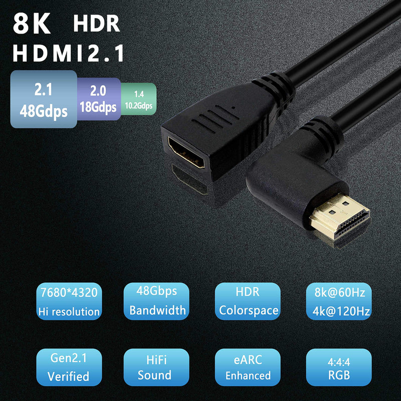 8K 90 Degree HDMI Cable,Gelrhonr Ultra High Speed 48Gbps Left Angled HDMI 2.1 Extension Cable Support 8K@60HZ 4K@120HZ HDCP 3D，Compatible with UHD TV, Blu-ray, PS3/4（0.6M） (Left Male/Female) Left Male/Female