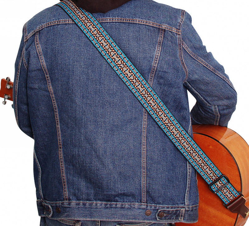 MUSIC FIRST Original Design, 2 inch width (5cm), Colorful Meshbelt & Genuine Leather Delux Banjo Strap, With 2 pieces of MUSIC FIRST Leather Strap Locker. (Blue Country Style) Blue Country Style