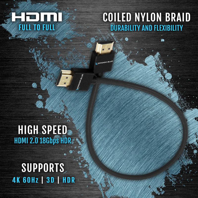 [AUSTRALIA] - KONDOR BLUE Full HDMI Thin Short Straight Nylon Braided Cable for On-Camera Film Cinema Monitors | 2.0 High Speed 4K 3D HDR | | 3840 x 2160-30Hz | 18Gbps MetaData | 16" | Black Straight Braided | Full HDMI 