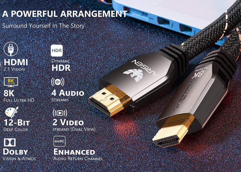 HDMI 2.1 Cable 4ft, 4K@120 8K@60HZ ARISEN Ultra High Speed 48Gbps HDMI Cable Heavy Duty Braided HDMI Cord eARC Dolby Vision HDR10 HDCP 2.2 2.3 Compatible with RTX 3080 3090 PS5 PS4 Xbox UHD TV Laptop 4ft / 1.2m