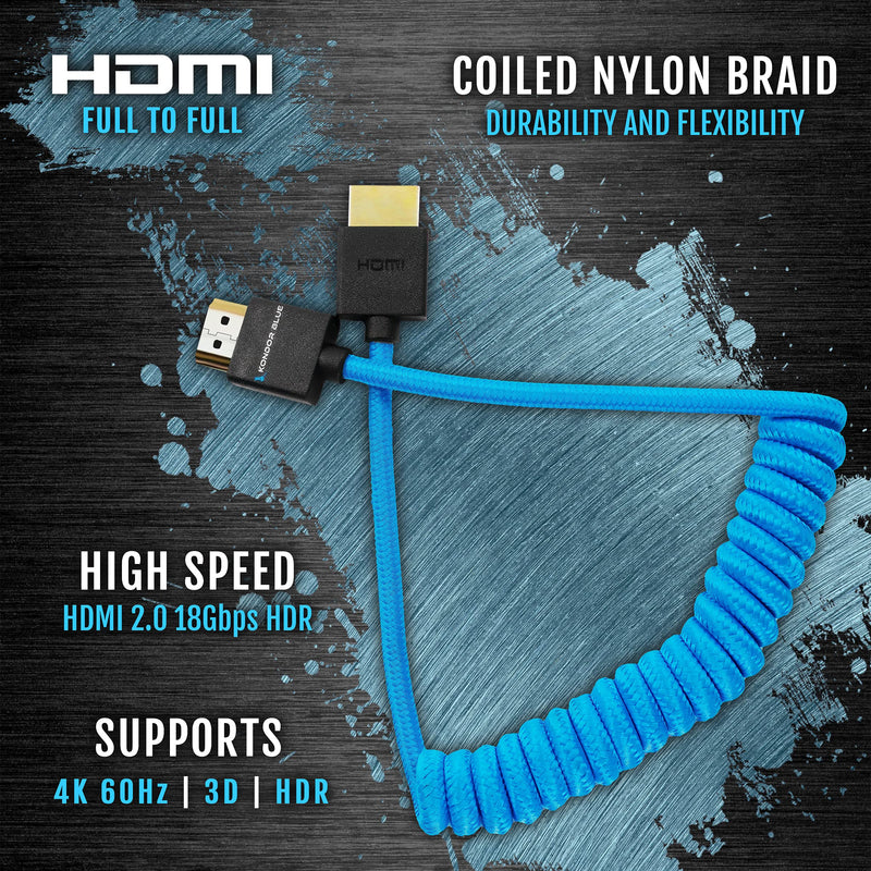 KONDOR BLUE Full HDMI Thin Short Cable | 2.0 High Speed 4K 3D HDR Nylon Braided Coiled Cable for On-Camera Film Cinema Monitors | 3840 x 2160-30Hz | 18Gbps MetaData | 12"-24" | Blue Coiled Braided | Full HDMI